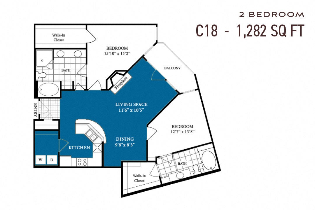 Floor plan for 2 beds, 2 baths, 1282 sqft
